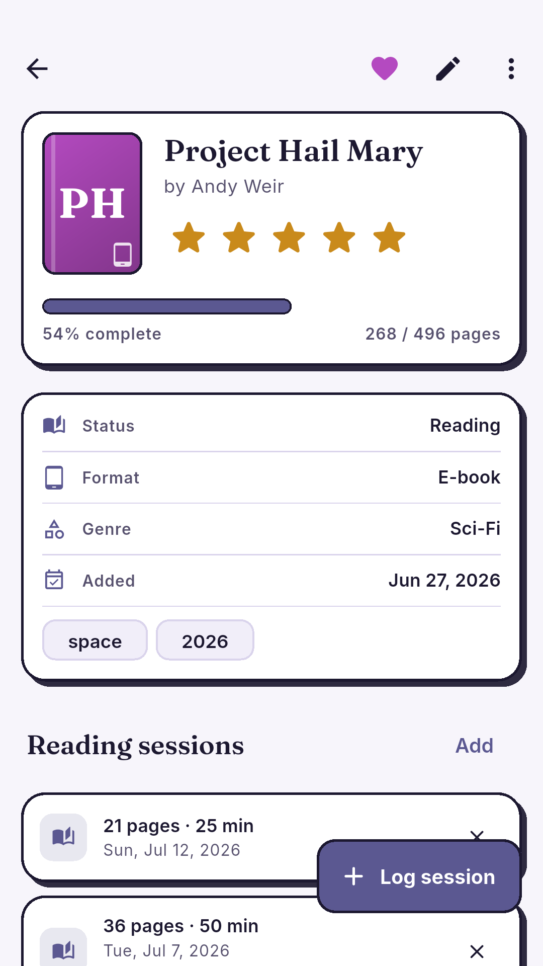 Readora book detail with sessions