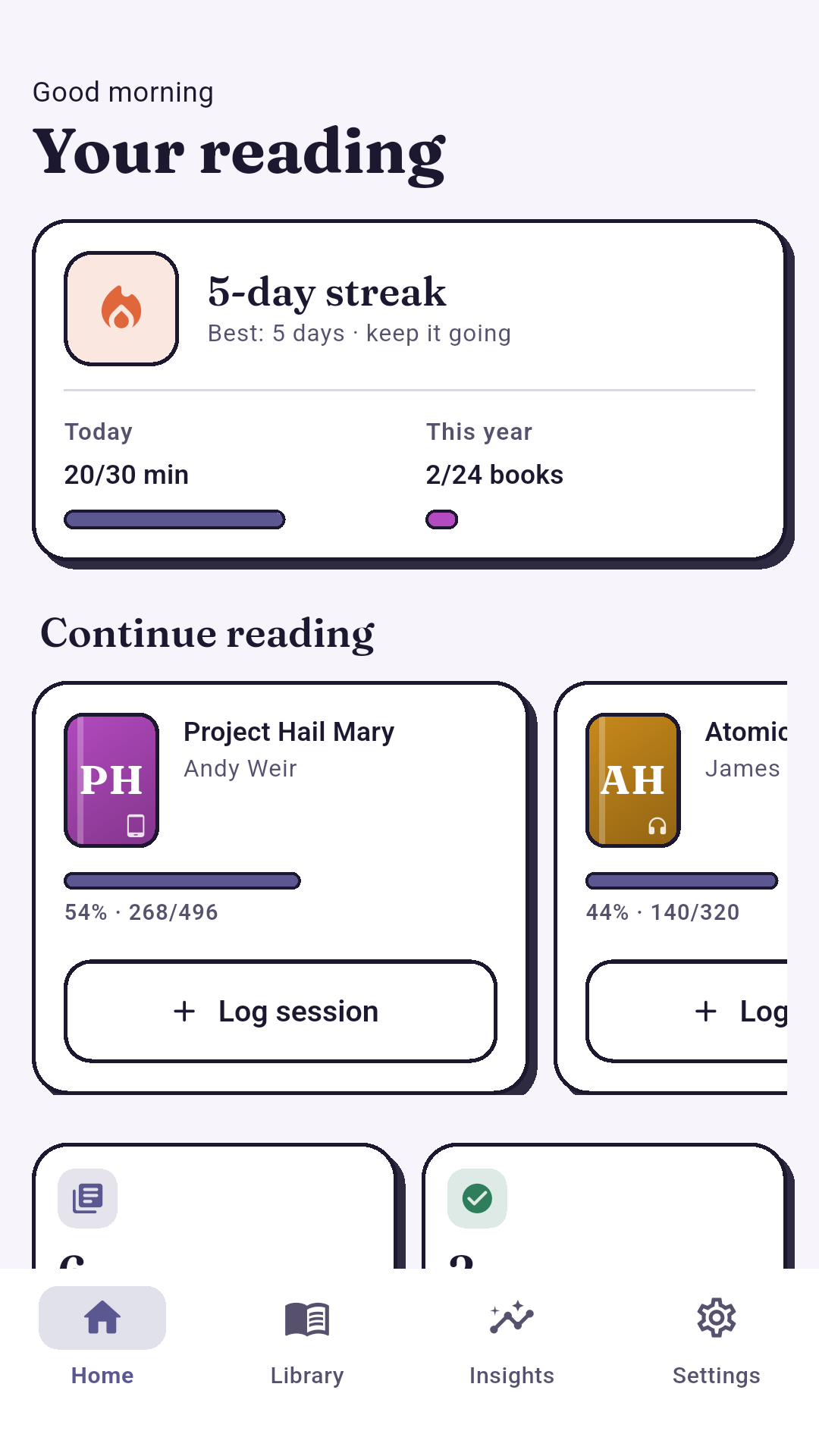 Readora home dashboard showing reading streak and progress